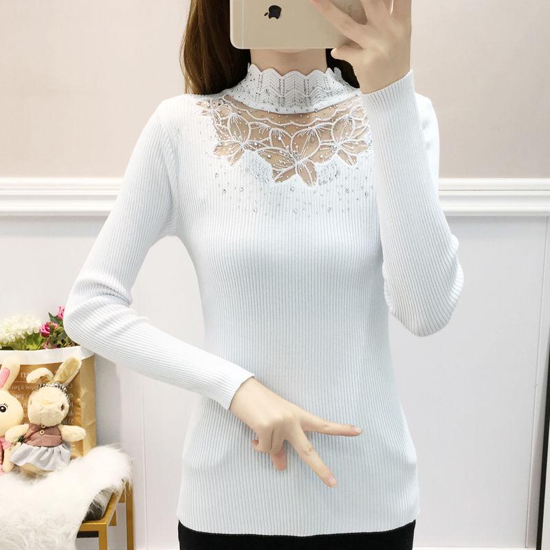 Pofulove Winter Turtleneck Sweater Women Lace Rhinestone Long Sleeve Bottoming Sweater Slim Knit Pullover