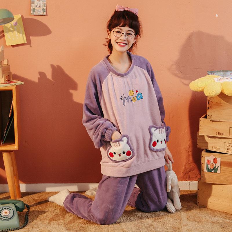 Flannel Pajamas for Girls and Girls Sweet and Lovely Coral Fleece Plus Velvet Thick Two-piece Home Service Skin-friendly and Soft