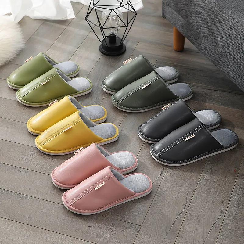 Women Winter Slippers Leather Waterproof Thick Warm Slipper Home Indoor Non Slip Mens Slides Plus Size