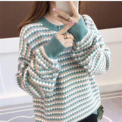 Winter striped sweater contrast women's Crew neck pullover loose  Plus Size  loose Knit Sweater warm