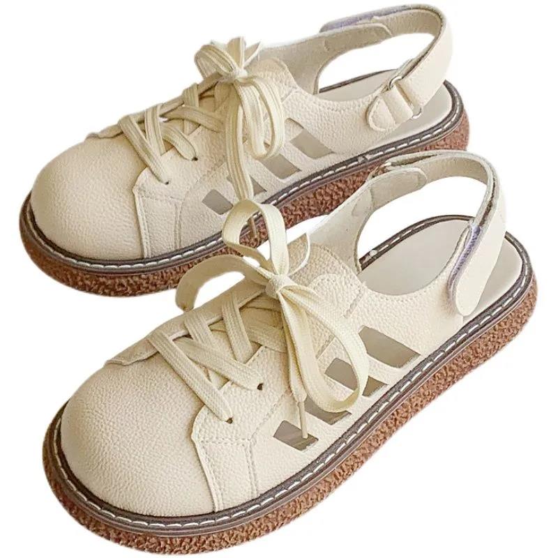 College Style Japanese Students Summer Korean Version of All-match Baotou Hollow Big Head Casual Fairy Sandals Women