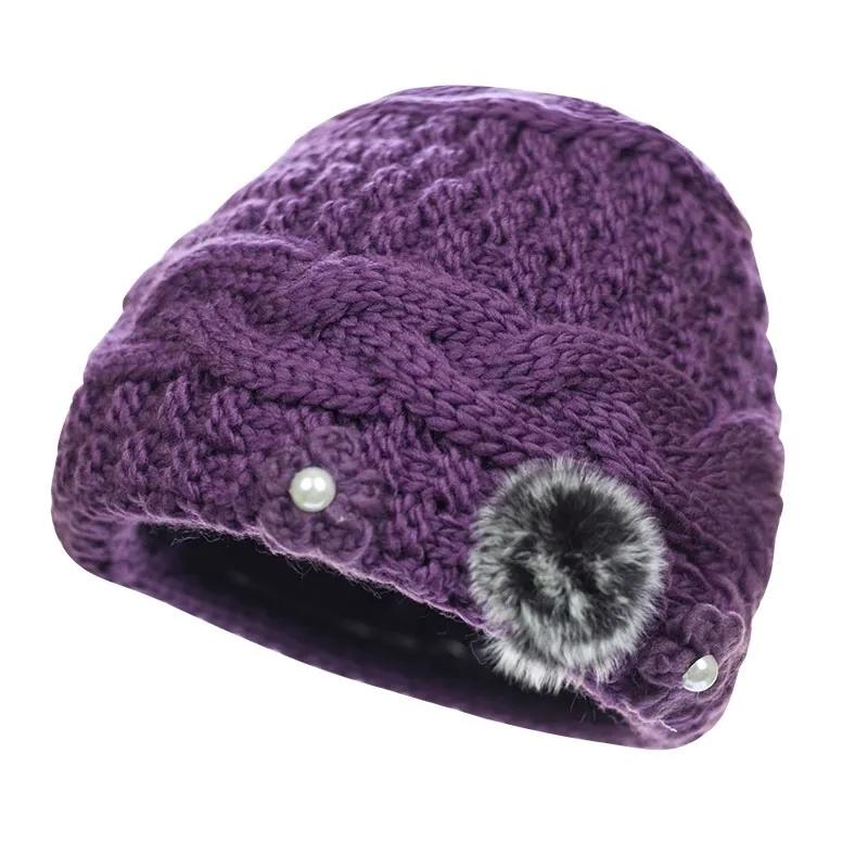 Women's Autumn and Winter Vintage Hat Mother Knitting Wool Thickening Plus Velvet Padded Warm Hat Handmade Knitted Floral Retro Cold-resistant Cap