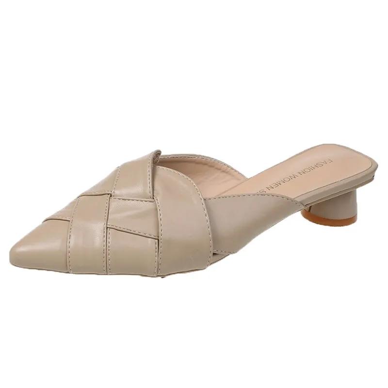 Low-heeled Baotou Half-slippers Women's Summer All-match Lazy Fashion Outer Wear Thick-heeled Pointed-toe Sandals and Slippers