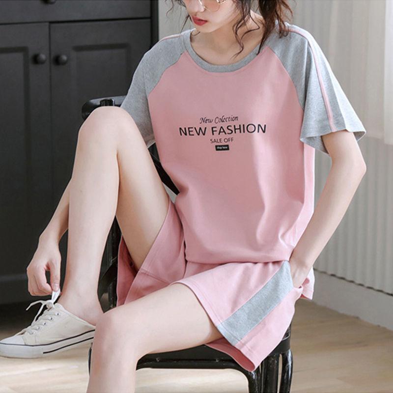 Sports Suit Home Service Pajamas Women's Summer Loose Short-sleeved Shorts Reduce Age and Slim Casual Two-piece Round Neck T-shirt + Shorts