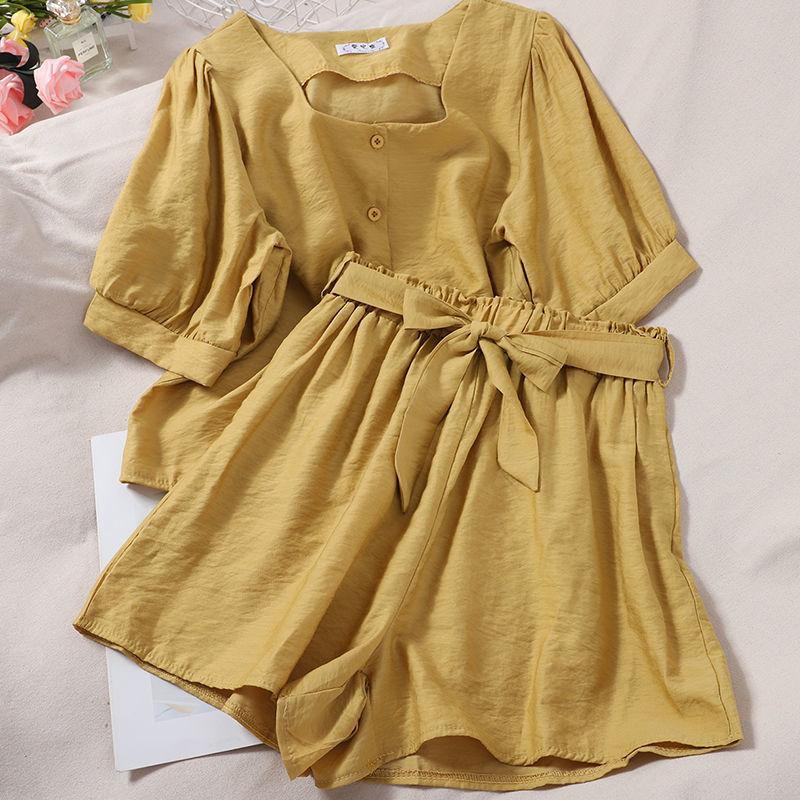 Suit Women Summer Square Collar Bubble Sleeve Short Sleeve Top Elastic High Waist Wide Leg Shorts Two-piece Suit Ladies Casual Suit Shirt + Shorts