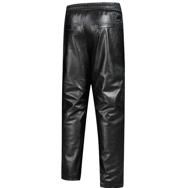 Men's Leather Pants Plus Velvet Padded Warm Winter Trousers High Waist Waterproof and Windproof Motorcycle Pants Plus Leather Elastic Waist Pants