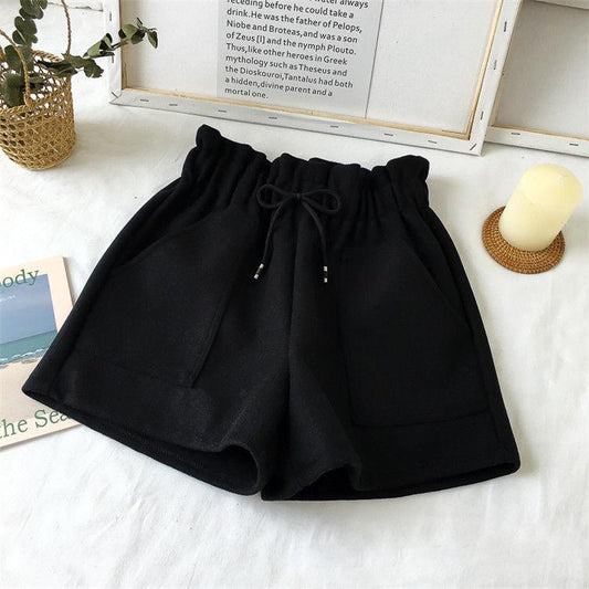 Women's Simple Casual Loose Women's Wide-leg Short Wild Semi-elastic High-waist Women's Wool Shorts