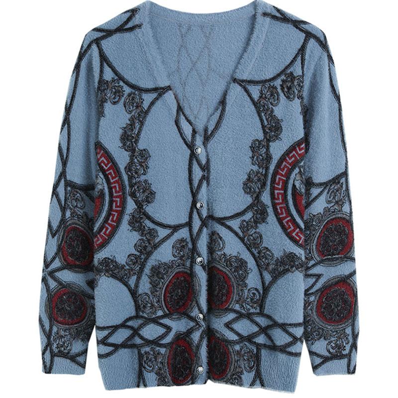 Artificial Mink Cashmere Cardigan Jacket Women's Printed Knit Sweater Autumn Winter  Short Knitted Jacket