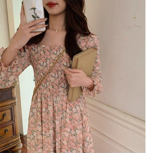 Women's Spring and Summer French Elegant Waist Slim Mid Length Versatile High Waist Floral Chiffon Dress