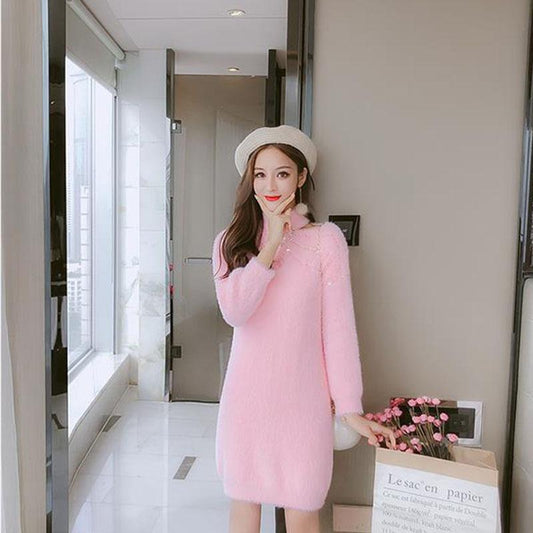 Autumn and Winter Temperament All-match Blouse Beaded Sequined Mohair Dress Loose Mid-length Fairy Sweater Skirt