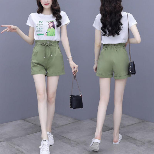 Casual Suit Women's Summer Cotton Printed Short-sleeved Cute Two-piece Round Neck Short-sleeved T-shirt Shorts Casual Suit