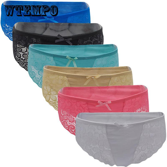 6 Pcs Underwear Women Sexy Lace Panties Solid Female Plus Size Briefs Mid Rise Underpants