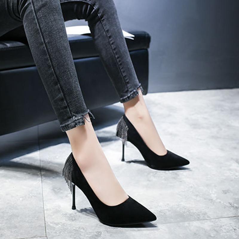 Pointed High Heels Female Spring and Summer Stiletto French Girl Sexy Black High Heels with Fringed Fringe