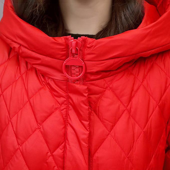 Winter Hooded Down Padded Jacket Women's Mid-length Over The Knee Winter Rhombus Red Cotton Padded Jacket Warm Jacket Loose Ladies Coat