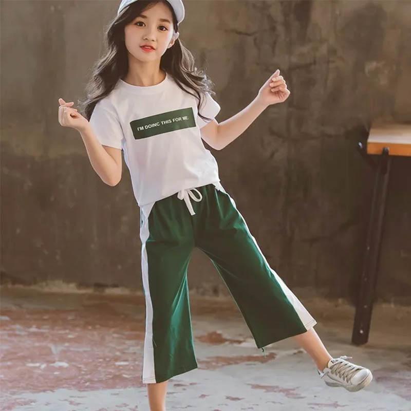 Girls Summer Breathable Thin Short-sleeved Suit Children's Loose Cropped Pants Casual Dancing Clothing Comfortable and Simple Two-piece Suit