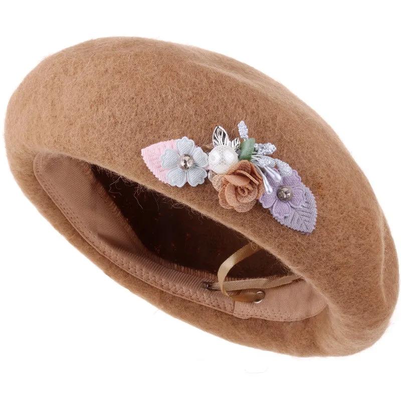 Retro Flower Beret Women's Elegant Wool Blend Artist Painter Hat Autumn Winter Beret Adjustable All Match Top Hat