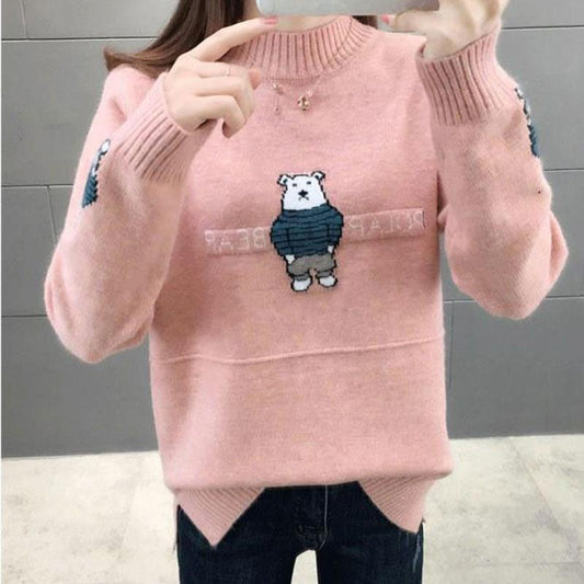 Autumn and Winter Half Turtleneck Sweater Loose Large Size Knitted Bottoming Shirt Jacquard Cute Style Female Top