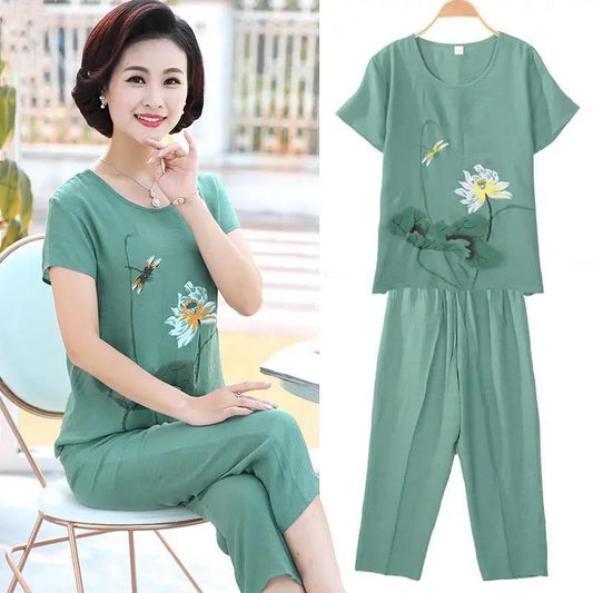 WTEMPO Casual Two-piece Set Middle-aged Women's Plus Size 2pcs Suit  Spring and Summer Short Sleeve Loose