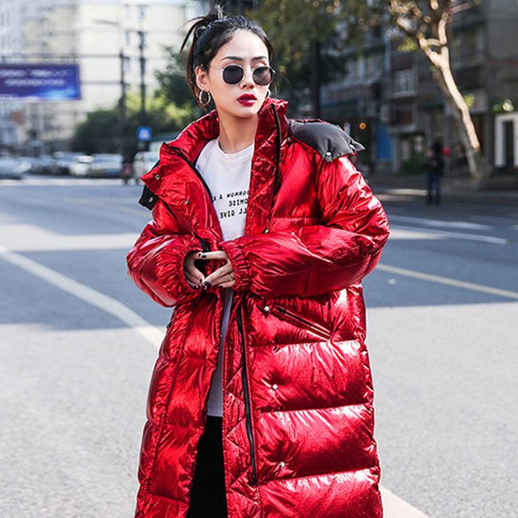 Over-the-knee Cotton-padded Jacket Mid-length Down Down Padded Jacket Women's Bright Red Cotton-padded Jacket