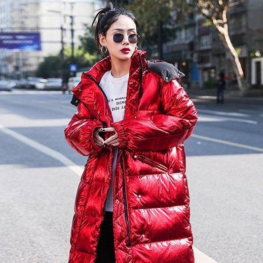 Over-the-knee Cotton-padded Jacket Mid-length Down Down Padded Jacket Women's Bright Red Cotton-padded Jacket