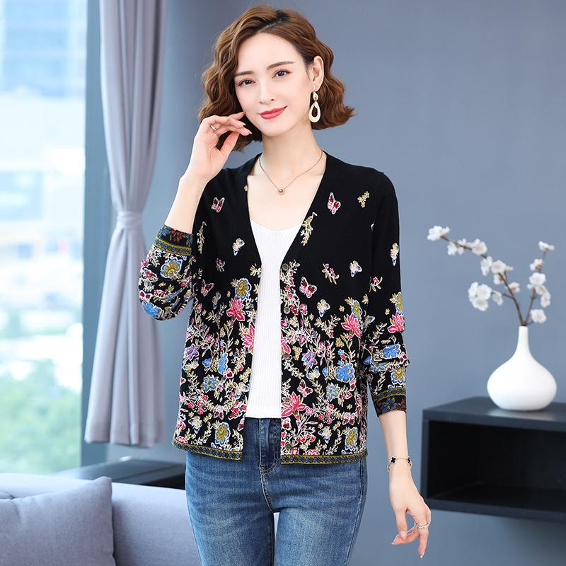 Autumn  Winter Printed Cardigan Women's Plus Size Casual Sweater Coat High-end Wool Sweater