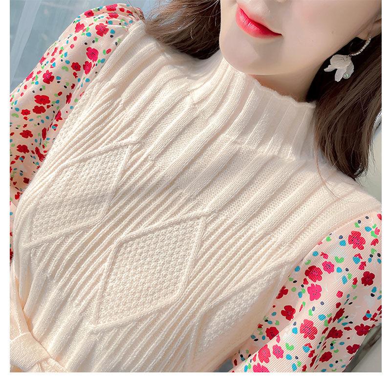 Autumn  Winter Corduroy Dress Women's Knitted Stitching Long-sleeved Long Floral Dress Sweet A-line Dress with Belt