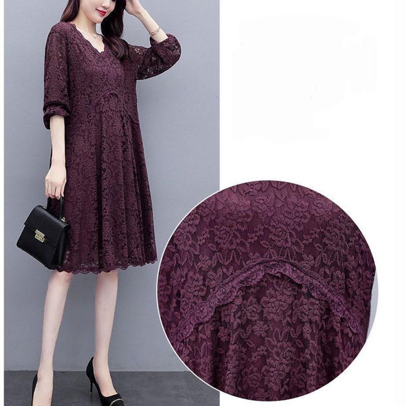 Women Solid Color Lace Long Sleeve V-neck Dress Spring and Autumn Large Size Loose Knee-length Size M-XXXXXL