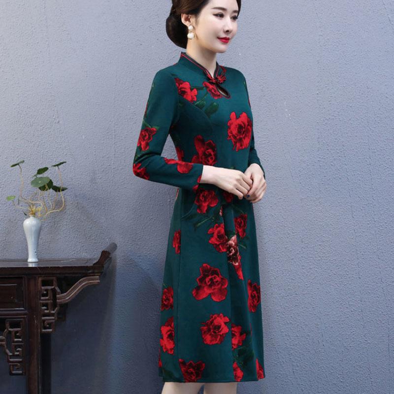 Women's Mid-skirt Chinese Style Long Cheongsam Dresses Retro Knee-length Skirt Summer Slimming Dress Dinner Dresses