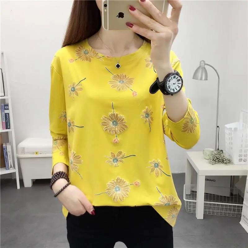 Spring and Autumn Printed Bottoming Shirt Women's Long-sleeved Mother T-shirt Loose Round Neck Top Women