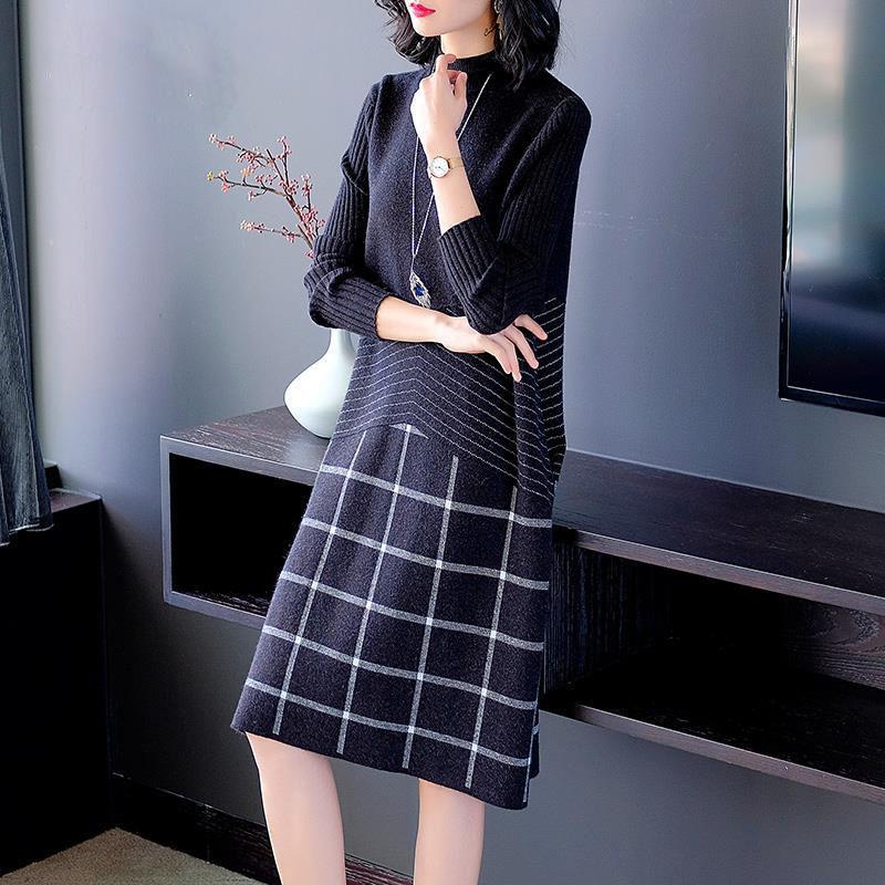 Autumn and Winter High-end Loose Dress Mid-length Knitted Over-the-knee Base Skirt Fashion Simple Women's Sweater Dress