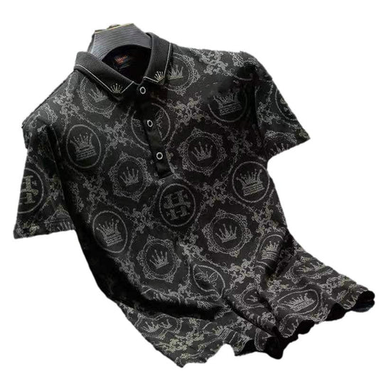 Trendy Short-sleeved Men's Embroidered Printed Slim-fit Lapel Cotton Shirt Summer Shirt for Men