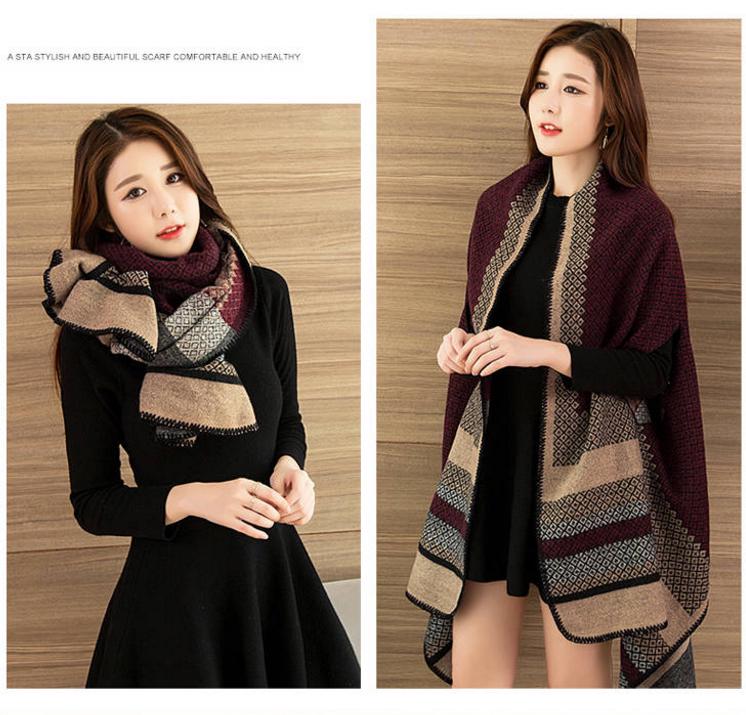 Fashion Geometric Color Imitation Comfortable Temperament Warm Poncho Shawl Scarf Knitted Shawl