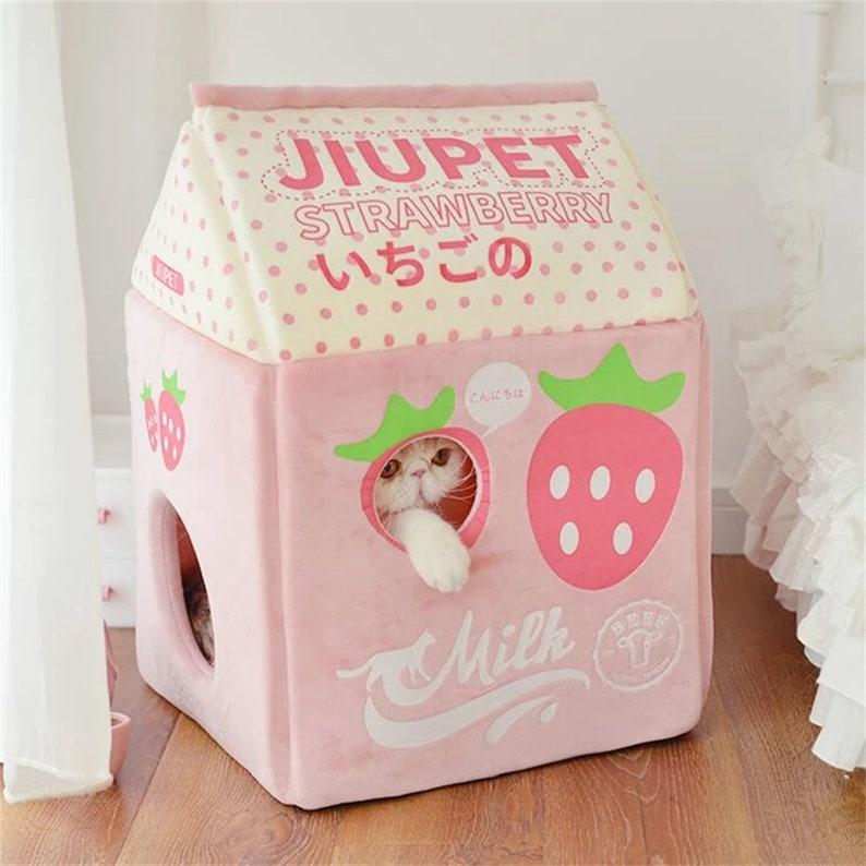 Foldable Cute Pet Cat Bed House Strawberry Banana Milk Box Cat House Winter Warm Plush Soft Cave Cat Kitten Kennel Pet Supplies