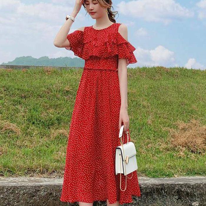 Pofulove Women Red Polka Dot Chiffon Dress Slim Long Strapless Dress Below The Knee Thin Dresses