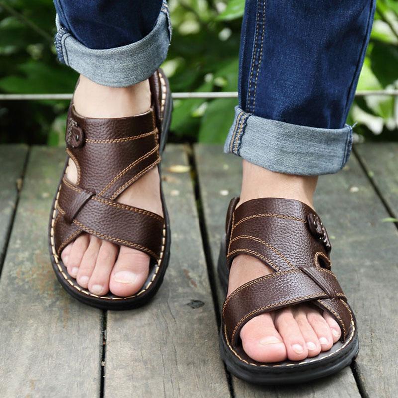 New Summer Top Layer Cowhide Sandals Men's Leather Breathable Beach Shoes Trendy Casual Leather Sandals and Slippers