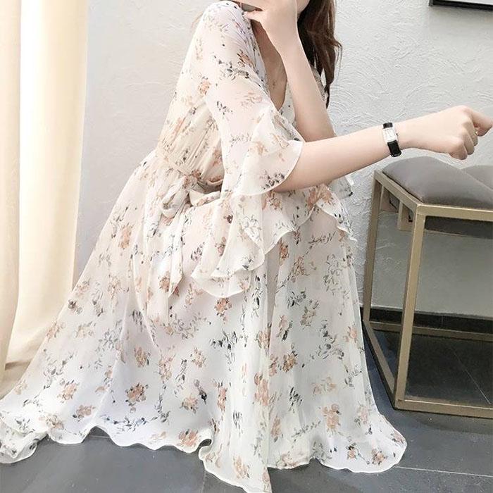 Pofulove M-4XL Women Summer Floral Chiffon Dress Slim Short-sleeved V-neck A-line Beach Dresses