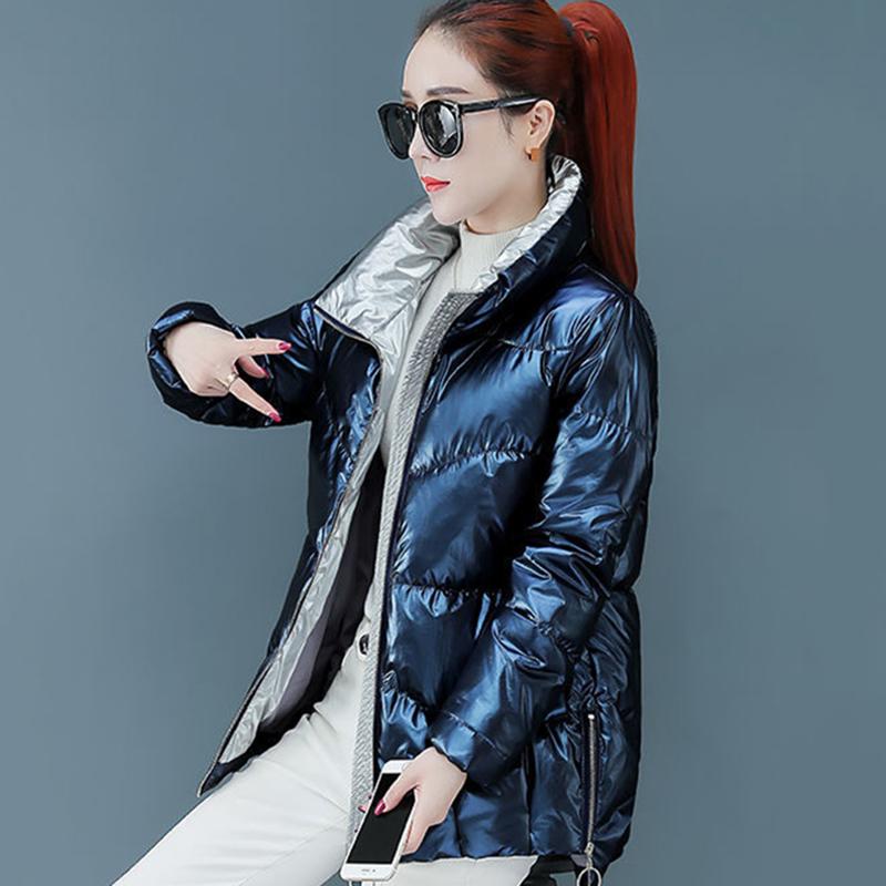 Women's Shiny Mid-length Down Jacket Winter Korean Style Loose Coat Warm Stand-collar Down Jacket