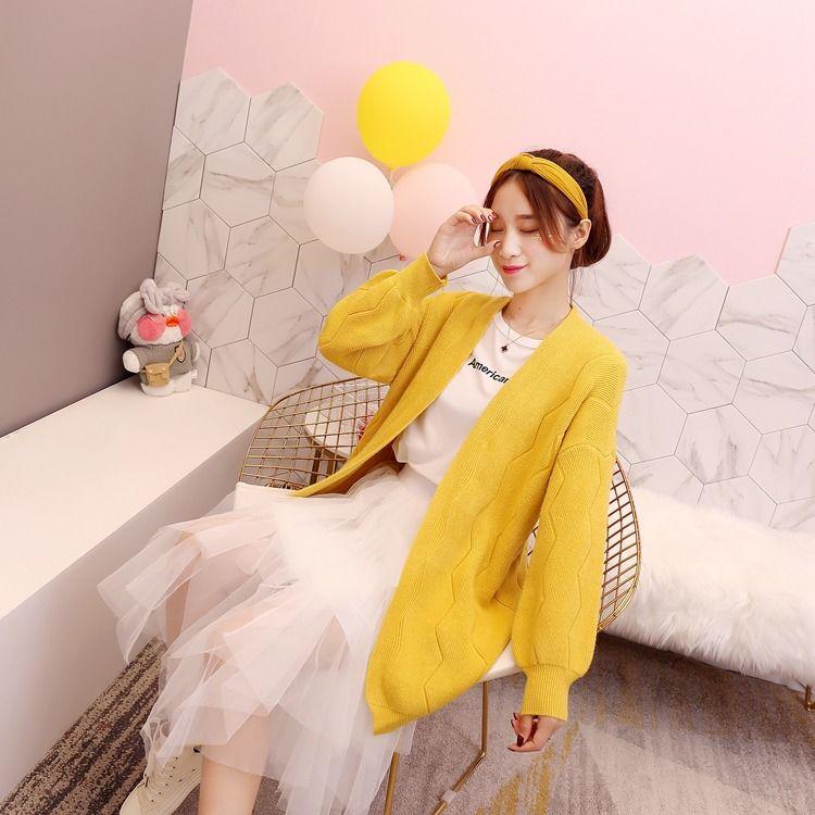 Spring and Autumn Knitted Cardigan Fashion Mid-length Coat Loose Wild Long-sleeved Sweater