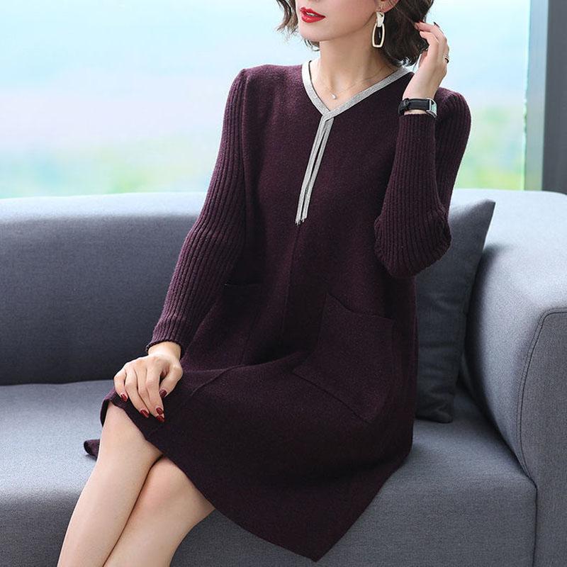 Autumn and Winter Knitted Simple Dress Mid-length Fashion Casual Bottoming Skirt Middle-aged Women Sweater Dress