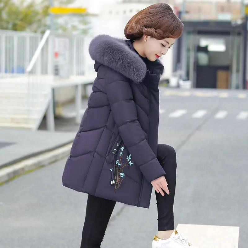 Winter Down Cotton Jacket Fashion Fur Collar Hooded Mid-length Jacket Thick Warm Cotton Jacket Suitable for Middle-aged Women