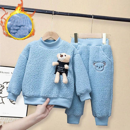 Girls Winter Thickening Sets Korean Baby Plus Velvet Children's Warm Cotton Two-piece Cartoon Suit Winter Clothing