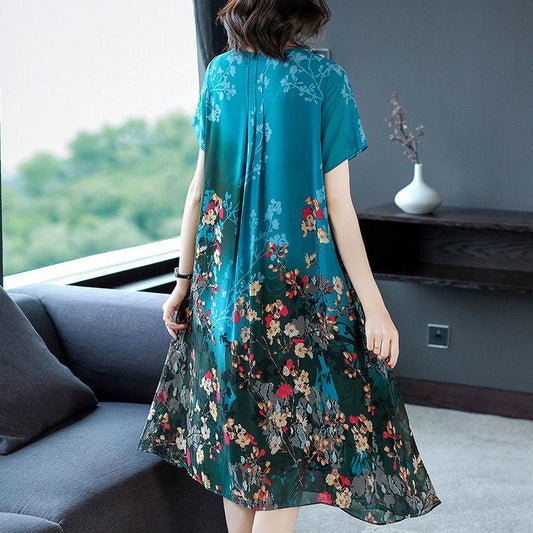 Mom's Summer Chiffon Dress Mid-length Plus Size Printed Over-the-knee Skirt