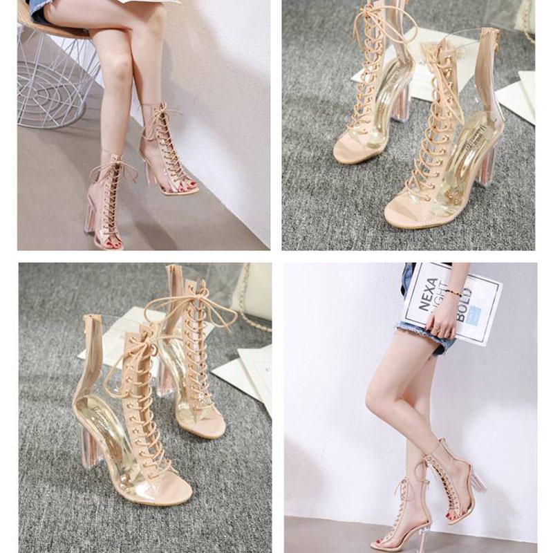 Women's Lace Up  Sandals Sexy pu Leather Transparent Sandals High Heel  Block Heel Sandals