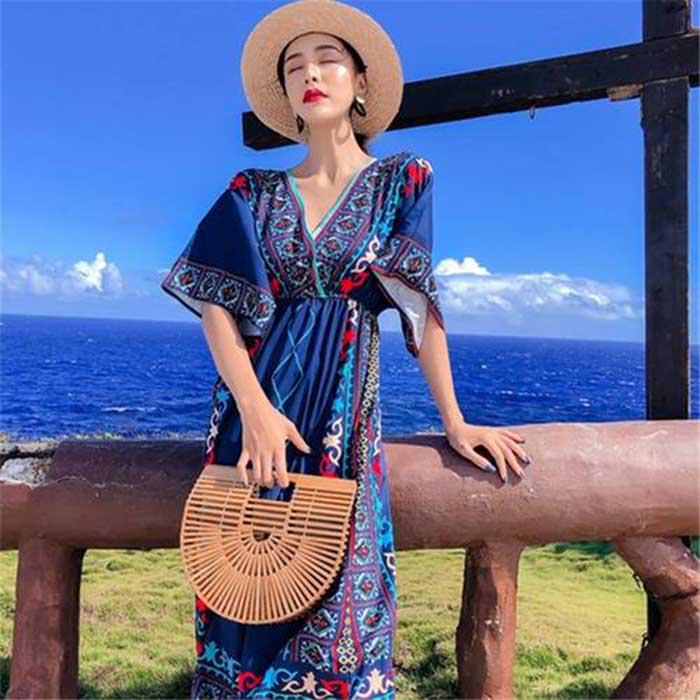 Pofulove Summer Women Printed Loose V-neck Dress Sun-dresses Short Sleeves Vacation Beach Skirt