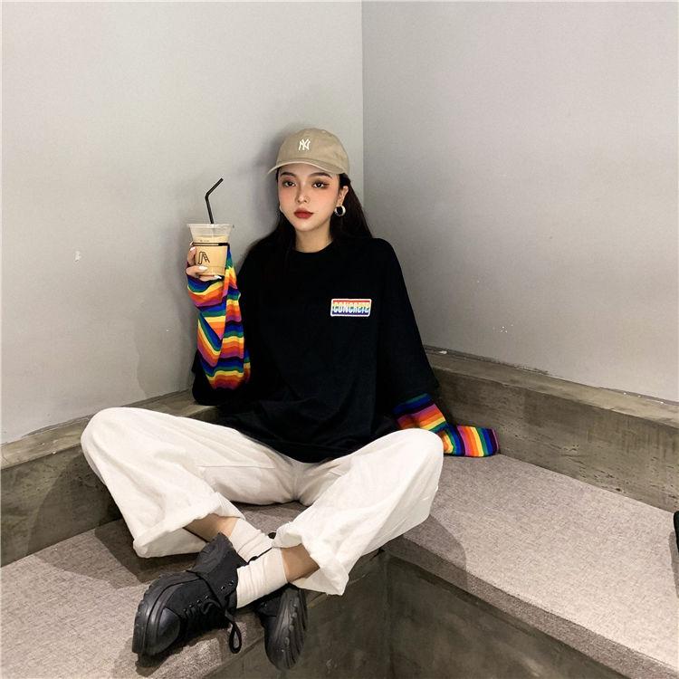 Spring Autumn Women Harajuku Long Sleeve Rainbow O-Neck T-Shirts  Casual Striped Femme Black Tops Pullover