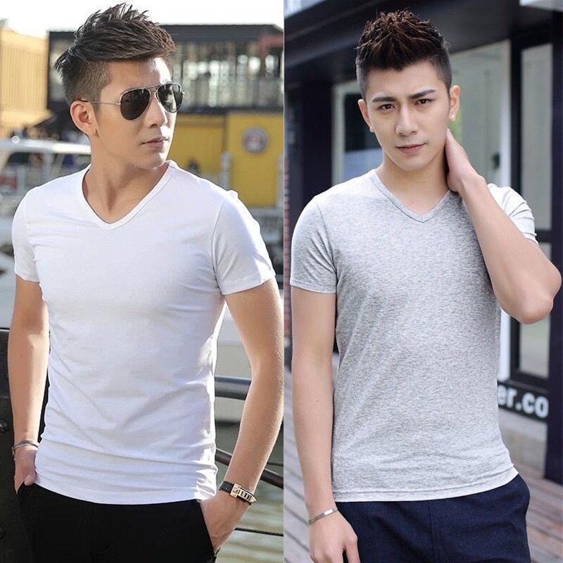 Two-piece Short-sleeved T-shirt Men's V-neck Solid Color Black Tide Top Slim Bottoming Shirt Summer T-shirt