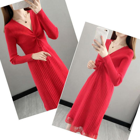 Autumn and Winter Long-sleeved Lace Base Dress Plus Size Knitted Over-the-knee Dress Fashion V-neck Women's Sweater Dress