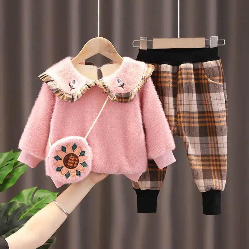 Girls Suits Warm Children's Clothes Girls Autumn and Winter Comfortable Casual Children's Clothing Plaid Pants Lapel Doll Clothes Two-piece Set