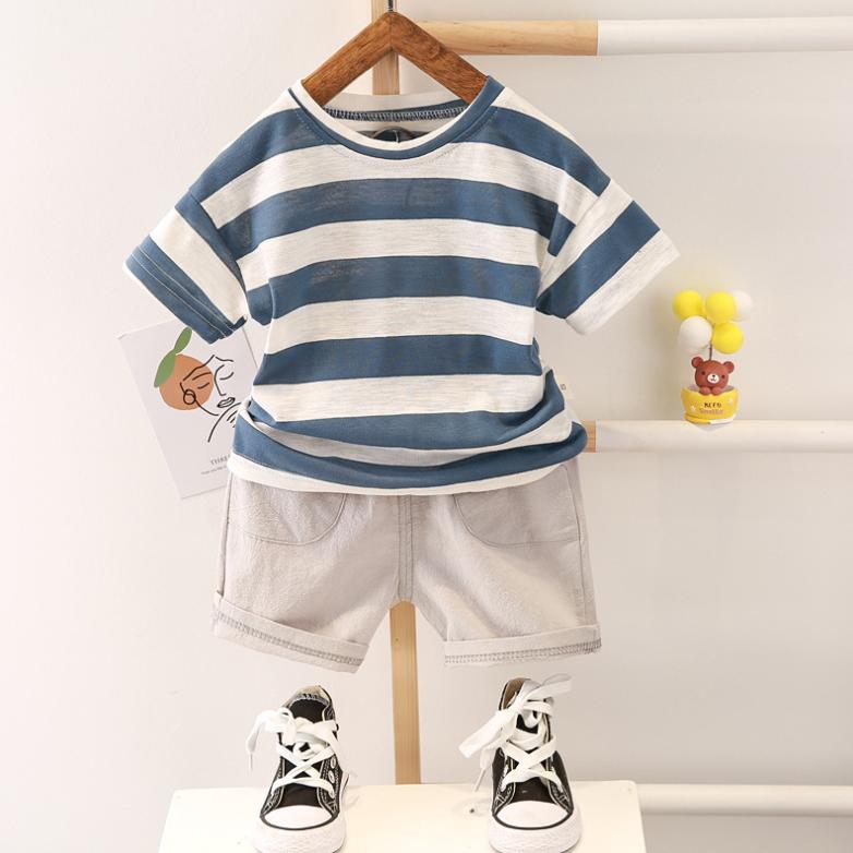 Summer Korean Short Sleeve Children's Suit Boys' and Girls' 0-4-year-old Round Neck Striped T-shirt Shorts Two-piece Children's Suit