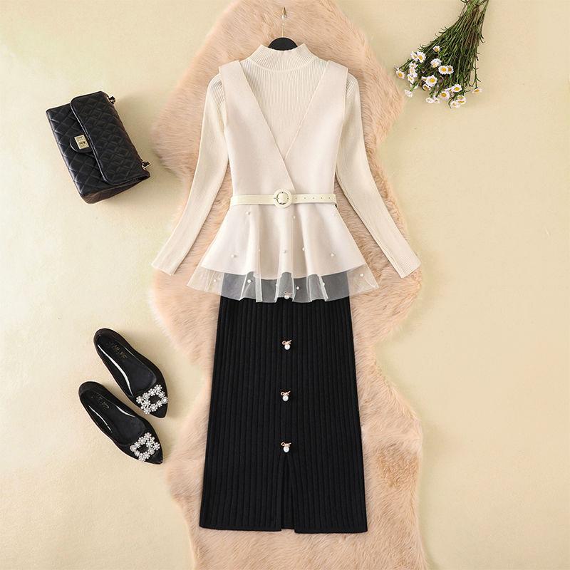 Three-piece Suit Autumn and Winter Ladies Waistcoat Knitted Tops Women's High Waist Bag Hip Skirt Waist Slimming Ladies Elegant Sweater Suit